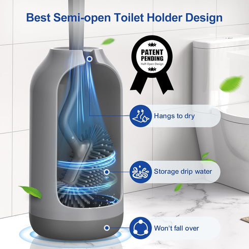 HAMITOR Toilet Bowl Brush holder Set: Deep Cleaning Silicone Toilet Cleaner Scrubber Under Rim with Curved Bristle for Bathroom Dead Corner Clean ...
