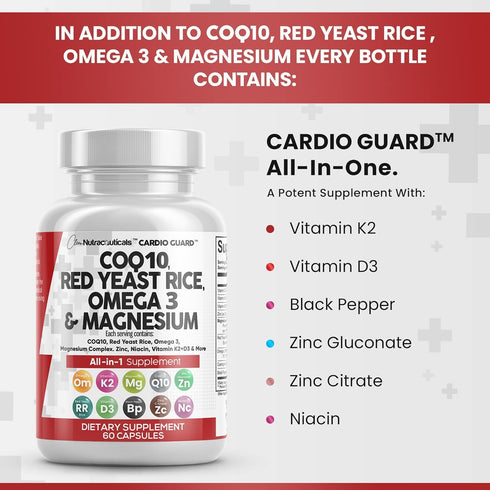 COQ10 200mg Red Yeast Rice 3000mg Omega 3 3000mg Magnesium Complex 500mg Niacin Zinc Vitamin K2 D3 - Heart Health Support Vitamins for Women and M...