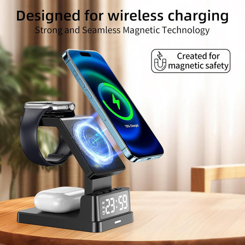 4-in-1 15W Fast Wireless Charger Station with Clock - Compatible with iPhone 15/14/13/12 Pro Max, Apple Watch, and AirPods Pro/2/3 - Includes Alar...