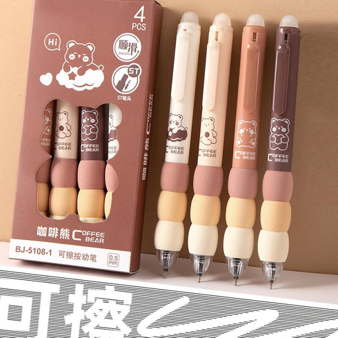 4 Pcs Erasable Gel Pens Cute Retractable Pens Cartoon Bear Pens 0.5mm Black Ink Pen Office School Pens Women Girls Boys Pens (Black Ink-Coffee Bea...