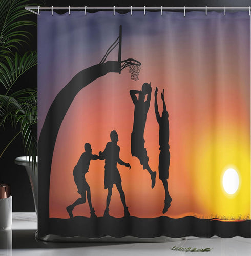 Ambesonne Teen Room Shower Curtain, Boys Playing Basketball at Sunset Horizon Sky Dramatic Scenery, Cloth Fabric Bathroom Decor Set with Hooks, 69...