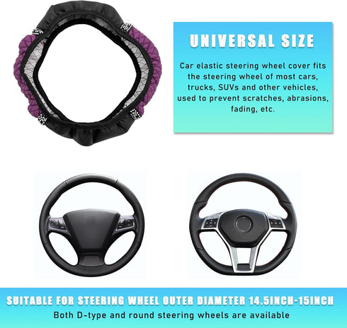 Bling Soft Leather Steering Wheel Cover, 14.5-15 Inch Sparkly Rhinestone Steering Wheel Protector, Non-Slip Elastic Steering Wheel Covers, Car Acc...