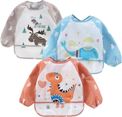 PandaEar (3 Pack Long Sleeve Bibs| Waterproof Full Sleeve Bib for Baby Infant Toddler 6-36 Months...