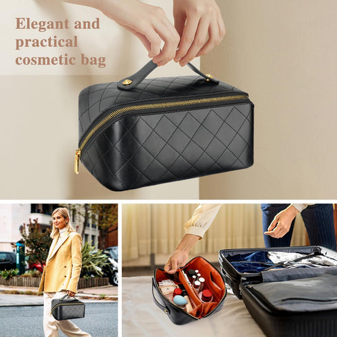 Travel Makeup Bag, 4L Large Capacity Cosmetic Bags for Women and Girls, Portable Makeup Organizer with Divider and Handle, PU Leather Waterproof M...