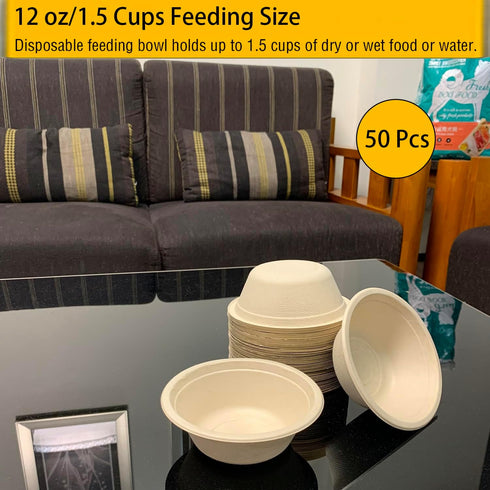 JETKONG 12 oz/1.5 cup Disposable Dog Bowls 50pk, 100% Compostable Pets Feeding Bowls Paper Dog Travel Bowls Great for Dry and Wet Dog Food or Wate...