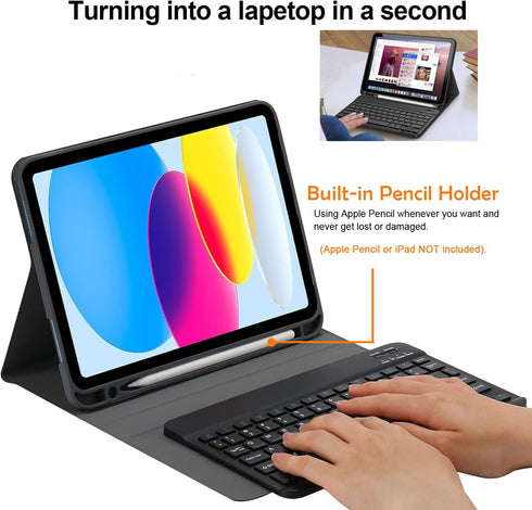 Wireless Bluetooth Keyboard Case for iPad 10th Generation 10.9 Inch 2022, Built-in Pencil Holder - iPad 10th Gen Cover with Keyboard Full-body Pro...
