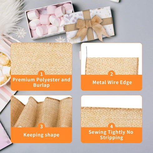 Natural Burlap Fabric Ribbon - Jute Ribbon Wired Burlap Ribbon 2 Inch, Burlap Ribbon Roll of 10 Yards, Rustic Ribbon, Christmas Ribbon, Gifts Wrap...
