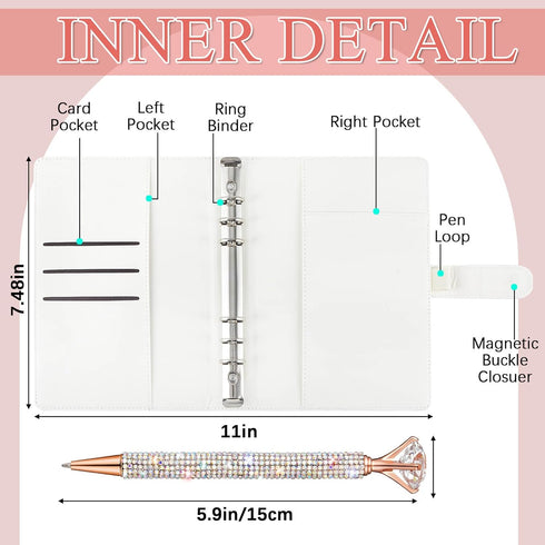 A5 Rhinestone Refillable Notebook Binder and Crystal Pen Set 6 Ring Diamond Budget Binder for Filler Paper Bling White Desk Accessories for Women ...