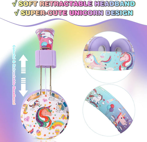 QearFun Unicorn Headphones for Girls Kids for School, Kids Bluetooth Headphones with Microphone & 3.5mm Jack, Teens Toddlers Wireless Headphones w...