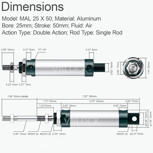 Pneumatic Air Cylinder 25mm Bore 50mm Stroke, Mini Air Cylinder Single Rod Double Action MAL 25 X 50...