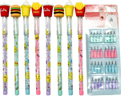 24PCS Food Non Sharpening Pencils Stackable Pencils Chips Pencil Hamburger Ice Cream Pencil Cola Pencils With 128 Replacable Nibs For School Stude...