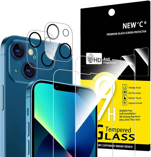 NEW'C Pack of 4, 2 x Tempered Glass Screen Protectors for iPhone 13 (6,1") and 2 x Camera Tempered Glass for Camera Protection, Scratch-Resistant,...