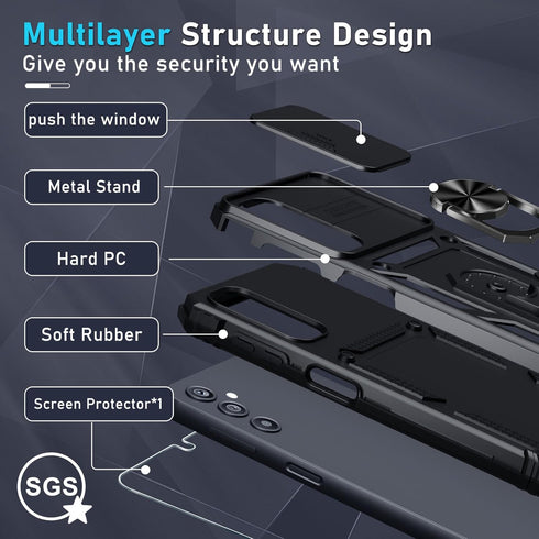 Janmitta Compatible with Galaxy A25 5G Case Built in Slide Camera Lens Cover+Screen Protector+Finger Ring Holder Kickstand,Heavy Duty Shockproof F...