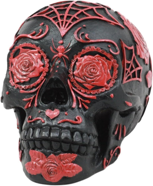 Ebros Day of The Dead Spider Web Floral Red Rose Skull Figurine DOD Floral Black Sugar Skull Statue 5" L...