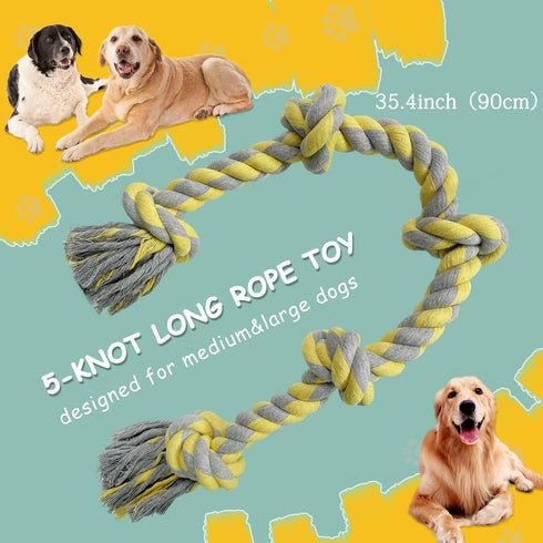 Dog Rope Toy for Large Aggressive Chewers, Heavy Duty Rope Chew Toy Indestructible Tough Tug of War Yellow Dog Toy,3 Feet 5 Knots Interactive Cott...