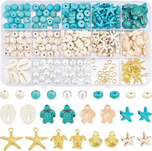 SUNNYCLUE 1 Box 292Pcs Sea Turtle Beads Seashell Starfish Beads Lucky Turquoise Beads Ocean Summer Hawaii Sea Animal Beads Shell Charms for Jewelr...