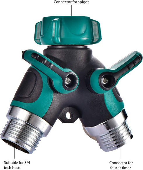 2 Way Hose Splitter Y Connector with Comfortable Rubber Grip and 360 °Rotatable Top Quick Connect Garden Hose Tee Equipment Valve Shut Off (Dark G...