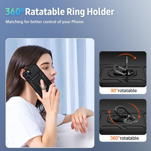 for iPhone 13 Pro Max Case with Slide Lens Cover, HD Screen Protector, Military Grade Drop Protection, Magnetic Rotated Ring Holder Kickstand Phon...