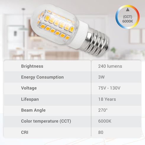 Canamax Premium 8206232A Dimmable LED Light Bulb 3W Equal to 40W 6000K 75V-130V - High Output Cold Daylight E17 Standard Base 240 lumens for Refri...