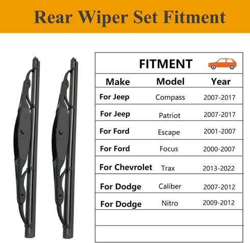 2 Pack Rear Wiper Blades for Jeep Compass 2007-2017 / Jeep Patriot 2007-2017 / Chevrolet Trax 2013-2022 / Ford Escape 2001-2007 / Honda CR-V 2002-...