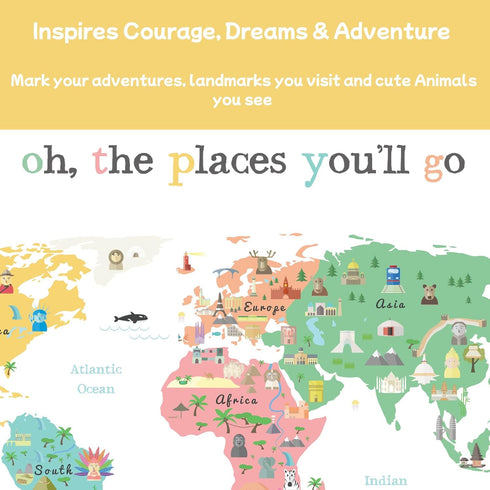Oh the Places you'll Go Illustrated Kids World Map (24x17”) - Vibrant Educational World Map for Kids Wall Decor with Global Animals and Landmarks...