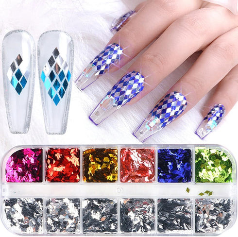 24 Grids Rhombus Hexagon Mermaid Holographic Glitter Nail Art Sequins Silver Colorful Collocation 3D Shiny Nail Art Flakes Acrylic Supplies Glitte...