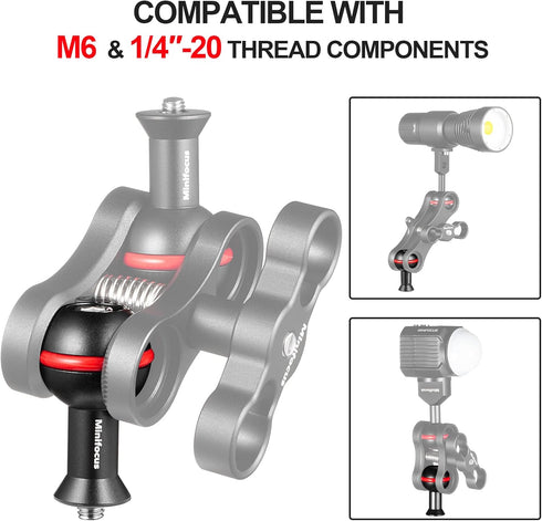 1" Ball Adapter with M6 & 1/4" Threaded Stud, Aluminum Alloy Fixed Ballhead Mount Adapter for Action Camera & Camcorder Compatible Underwater Tray...