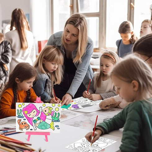 VKPI Pre-Drawn Canvas Painting Set with Mini Easel for Kids, Watercolor Art Supplies Kit with 3 Printed Canvases, 3 Plastic Easels, Paint Pots and...