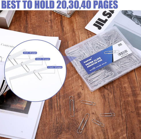 Paper Clips, 500 Pcs Assorted-Size Paperclips, Premium Paper Clip, Silver Paper Clips Large Medium and Small, Rustproof Metal Paper Clips for Offi...