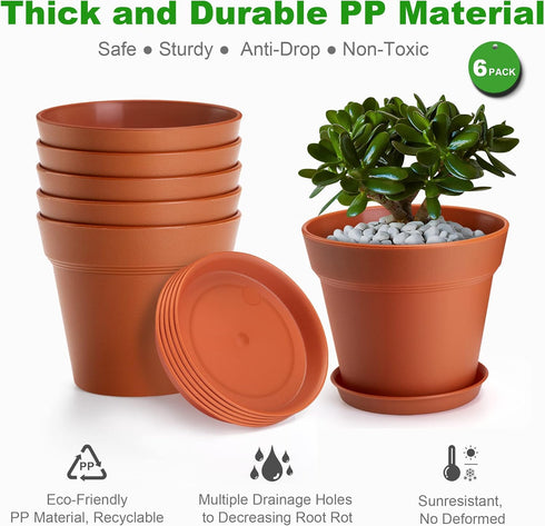 6 Pack Plastic Plant Pots with Drainage Holes and Tray, 4 inch Thickened Indoor Planters Seedlings Nursery Pots for Flowers, African Violet, Succu...