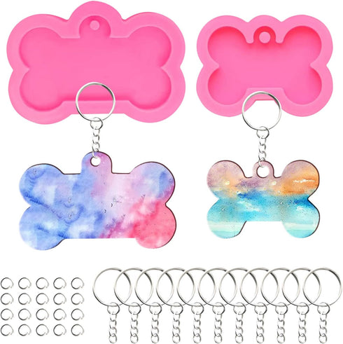 32Pcs Bone Silicone Resin Mold Keychain Pendant with 10 Key Rings and 20 8mm Split Rings Expoy Resin Casting Mold Jewelry Making DIY Creative Hand...