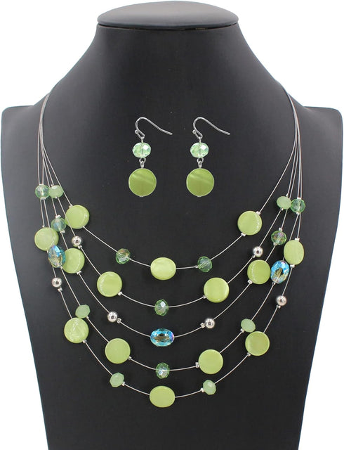 Multi Layered Shell Illusion Necklace Earring Set Colorful Chunky Beads Necklace for Women Gifts...