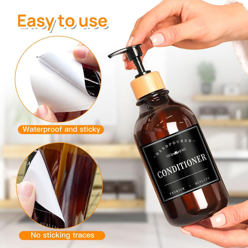 12PCS Bathroom Labels for Soap Dispenser, Removable Bathroom Organization Labels, Waterproof Bottle Labels for Shampoo Conditioner Body Wash (Blac...