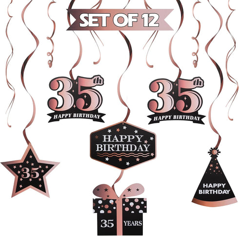 LINGTEER Happy 35th Birthday Decorations - 12 Pcs Birthday Black & Rose Gold Foil Swirls Streamer Set,Cheers to 35 Years Old Bday Party Gift Decor...