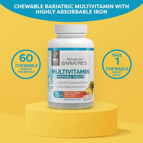 Nu-Life Advanced Bariatrics Multivitamin Chewable Tablets, Bariatric Mulivitamin with Iron - Tropical Berry (60 Chewable Tablets) (Packaging May V...