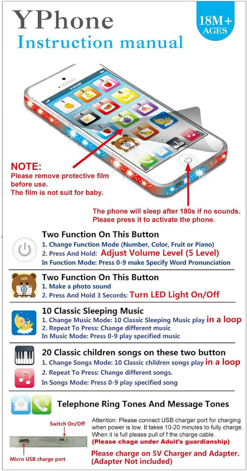 Yphone, Pretend Smart Mobile Toy Phone for Toddler Baby & Kids, Musical English Learning Preschool Education Electronic Cell Phone Gift for Boys &...