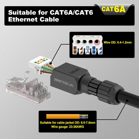VCELINK RJ45 Connector Tool-Free, CAT6A Field Termination Plug, Gold Plated Modular Plug, UTP CAT6A Connector Toolless for 23 to 26 AWG Network Ca...