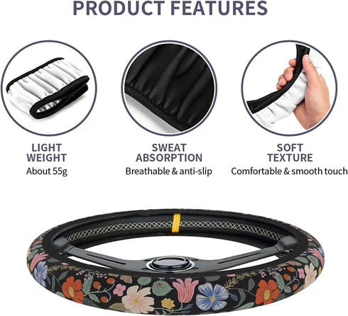 Flowers and Strawberries Steering Wheel Cover Auto Steering Wheel Protector Anti-Slip Breathable and Sweat Absorption Universal Car Accessories15 ...