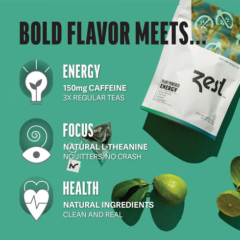 Zest 150mg High Caffeine Energy Leaf Blend - Earl Grey Black Tea - 20 Pack Bag - Hot or Iced - All Natural Strong Flavored Healthy Coffee Alternat...
