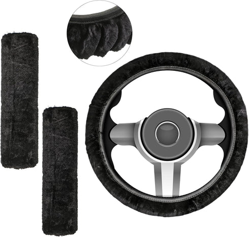 3 Pcs Fluffy Fur Auto Steering Wheel Cover and Seat Belt Cover Set Include Fuzzy Steering Wheel Cover, 2 Seatbelt Shoulder Pad Comfort Anti Slip C...
