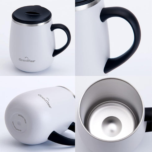 GRANDTIES Insulated Coffee Mug with Handle - Sliding Lid for Splash-Proof 16 oz Wine Glass Shape Thermal Tumbler with Double Walled Vacuum Stainle...