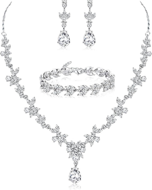 FIBO STEEL Jewelry Set Rhinestone Earrings Necklace Bracelet Set for Bride Bridesmaid Wedding Prom Costume Party Jewelry...