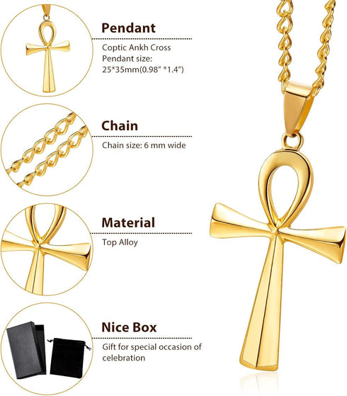 3 Pieces Men's Stainless Steel Ankh Pendant Necklace, Black, Gold, Silver...