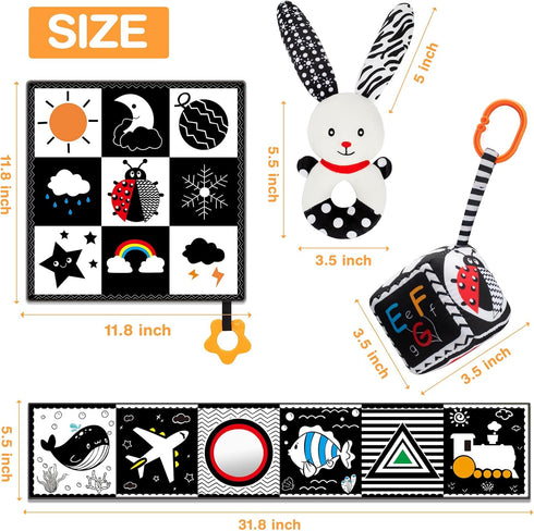 Baby Toys 0-6 Months - 4 Pcs High Contrast Black and White Baby Toy 0-3 Months for Newborn - Tummy Time Toys Infant Sensory Toys Soft Book for Bab...