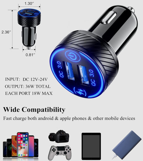 BRCOVAN Car Charger, Dual QC3.0 Port USB Car Phone Charger Adapter, 36W 3A Fast Charge with Touch Switch & Blue LED...
