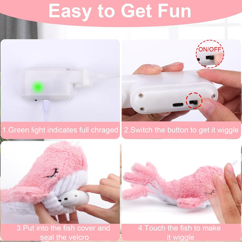Mity rain 2 in 1 Interactive Dog Toys, Fish Dog Toy to Keep Them Busy, Plush Squeaky Dog Toys, Rechargeable Wiggly Pink Pet Toys for Small Medium ...