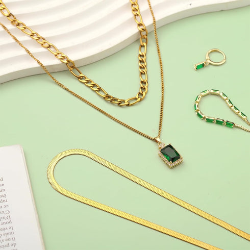 3 Pcs Emerald Jewelry Set Green and Gold Jewelry for Women Emerald Zirconia Layered Necklace Emerald Bracelets Earrings Birthday Anniversary Trend...