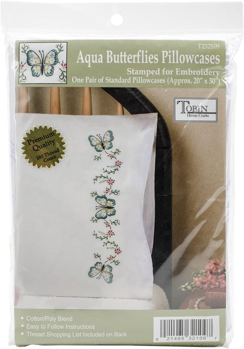 Design Works Crafts Stamped Embroidery Aqua Butterfly Pillowcases (Set of 2), 20 by 30", Blue......