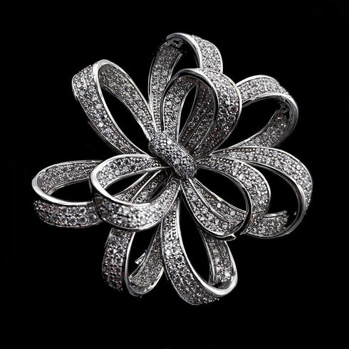 Vintage Silver Tone Micro Pave Crystal Floral Shaped Ribbon Brooch Wedding Pin Jewelry...
