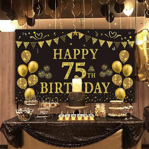 Trgowaul 75th Birthday Backdrop Gold and Black 5.9 X 3.6 Fts Happy Birthday Party Decorations Banner for Women Men Photography Supplies Background...
